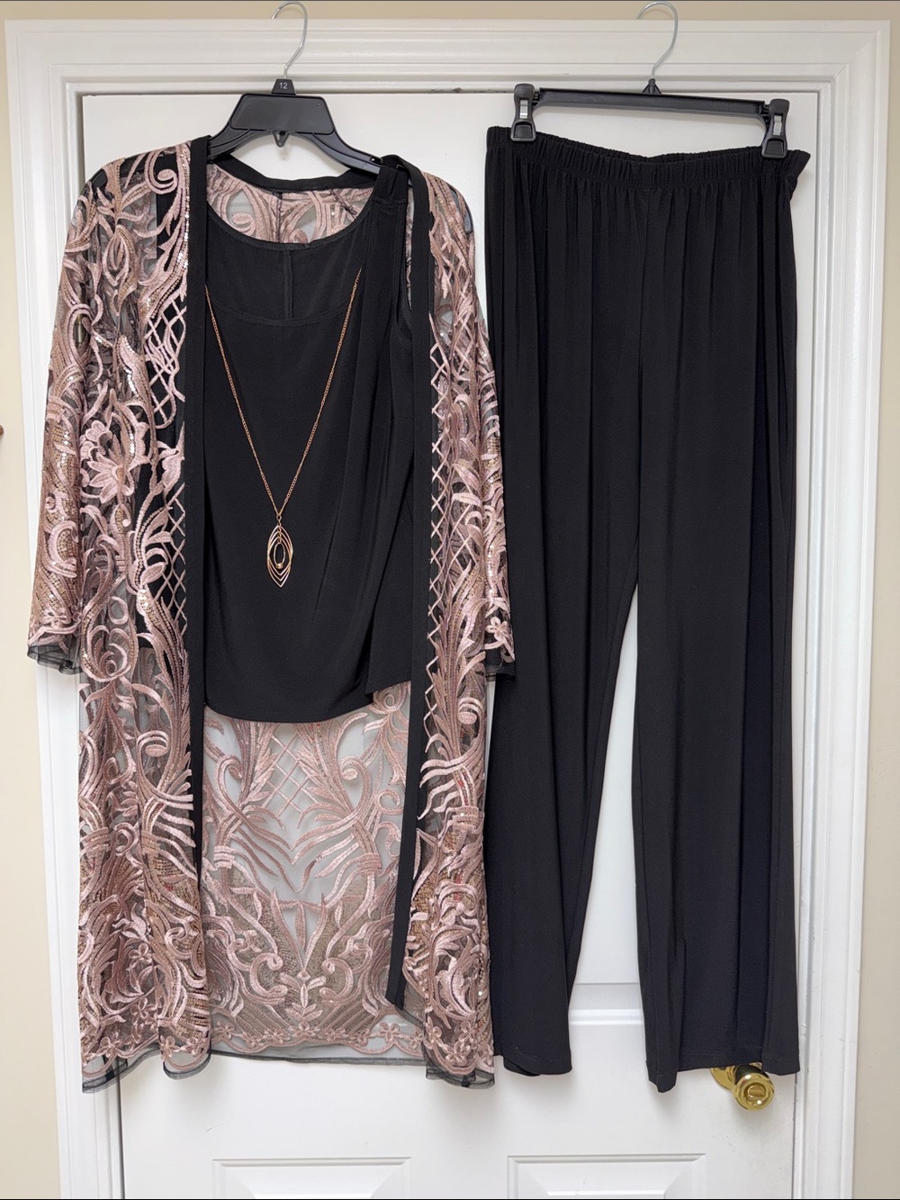 R & M Richards Black Palazzo Pants with Rose Gold Embroidered Duster
